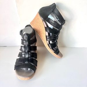 EARTH Woodland Sunny Black Leather Cage Wedge Sandals—SZ. 8.5